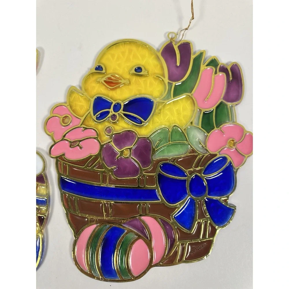 VTG 1980's Easter Window Decoration Crystalline Plastic Stained Glass Look Bunny